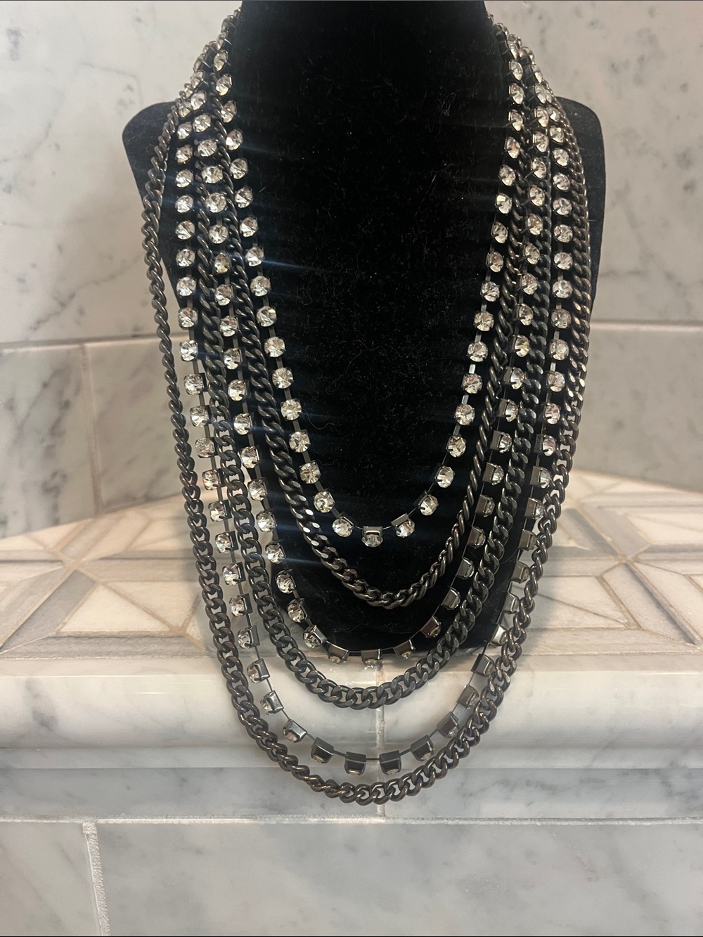 bebe Layered Gunmetal and Clear Crystal Multi-Chain Necklace